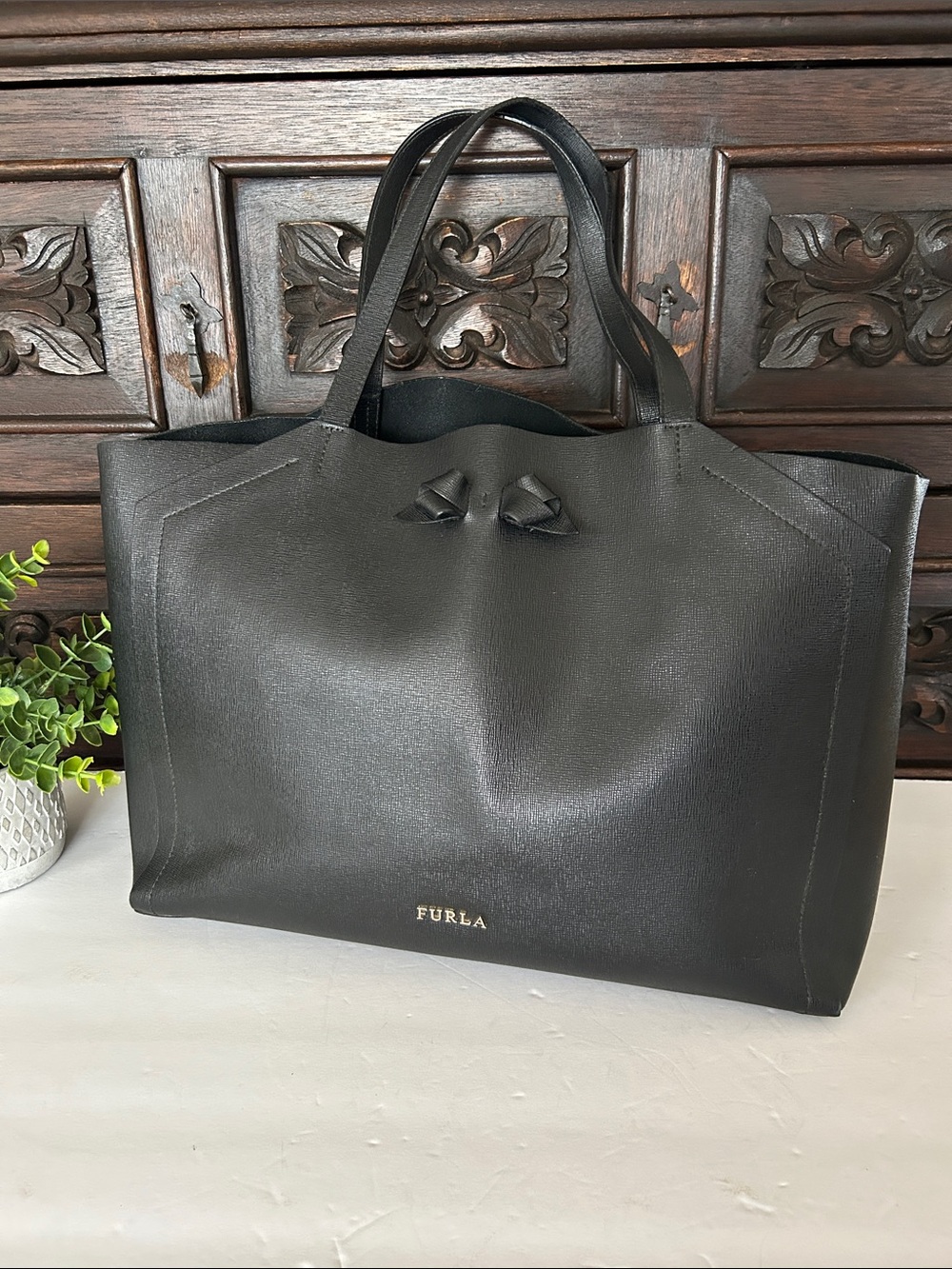 Furla Black Leather Tote with Subtle Logo